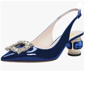 FSJ Blue Crystal Square Buckle Pointed Toe Slingback Pumps Rhinestone Sandals